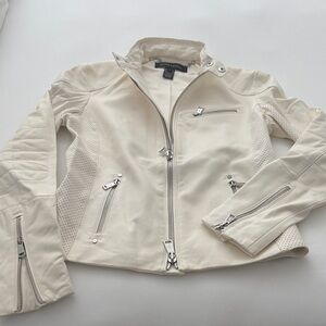 Ralph Lauren Cream Leather Bomber Jacket with Perforated Panels